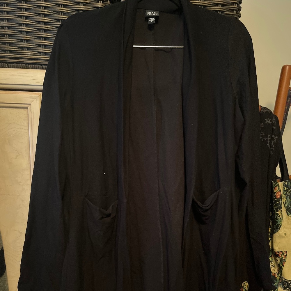 Eileen Fisher L black stretch open jacket pockets